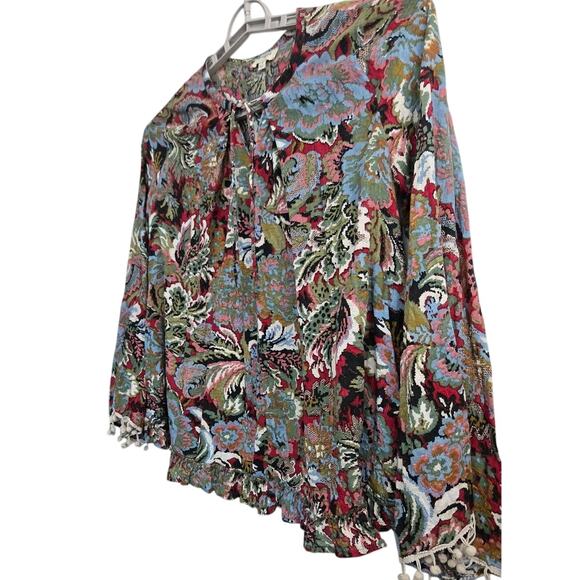 Umgee Boho Blouse S Floral Paisley Print Tassel Tie Cotton Blend‎ Long Sleeve - Picture 5 of 8